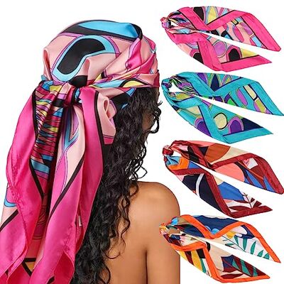 DRESHOW Set van 4 grote vierkante sjaals voor dames, satijn, haaraccessoires, zijde, vierkant, klassieke patronen, strandbandana's Eén maat DRESHOW Set van 4 grote vierkante sjaals voor dames, satijn, haaraccessoires, zijde, vierkant, klassieke patronen, strandbandana's Eén maat