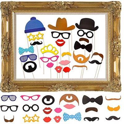 JZK 25 stuks foto-accessoires met frame, bril, lippen, stropdas, masker, hoed, foto-rekwisieten voor bruiloft, verjaardag, doop, babyshower, Kerstmis, Nieuwjaar JZK 25 stuks foto-accessoires met frame, bril, lippen, stropdas, masker, hoed, foto-rekwisieten voor bruiloft, verjaardag, doop, babyshower, Kerstmis, Nieuwjaar