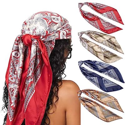 DRESHOW Set van 4 grote vierkante sjaals voor dames, satijn, haaraccessoires, zijde, vierkant, klassieke patronen, strandbandana's Eén maat DRESHOW Set van 4 grote vierkante sjaals voor dames, satijn, haaraccessoires, zijde, vierkant, klassieke patronen, strandbandana's Eén maat