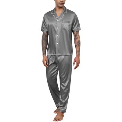 Reliwel Heren zijden satijnen pyjama set korte mouwen button down shirt lange broek gekerfde kraag nachtkleding met zakken grijs, XL XL Reliwel Heren zijden satijnen pyjama set korte mouwen button down shirt lange broek gekerfde kraag nachtkleding met zakken grijs, XL XL