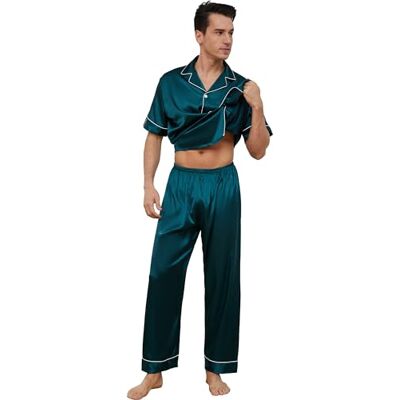 Reliwel Satijnen pyjama voor heren, korte top met knoopsluiting en lange broek, tweedelig, nachtkleding voor heren, nachtkleding, Donkergroen, M M Reliwel Satijnen pyjama voor heren, korte top met knoopsluiting en lange broek, tweedelig, nachtkleding voor heren, nachtkleding, Donkergroen, M M