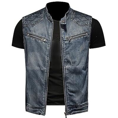 LAPOOH Jeansvest voor heren, mode heren denim gewassen jas opstaande kraag casual jeans bikervest motorjas ritssluiting top outwear LAPOOH Jeansvest voor heren, mode heren denim gewassen jas opstaande kraag casual jeans bikervest motorjas ritssluiting top outwear