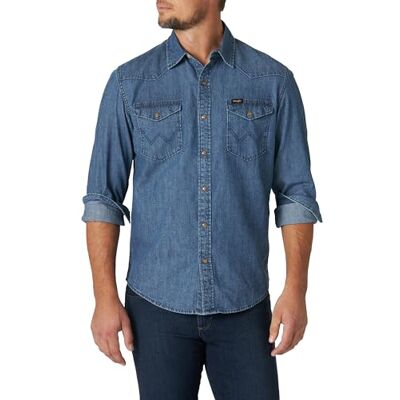Wrangler Iconic Denim Regular Fit Snap Shirt met lage knoop voor heren, Medium geverfd denim, S S Wrangler Iconic Denim Regular Fit Snap Shirt met lage knoop voor heren, Medium geverfd denim, S S