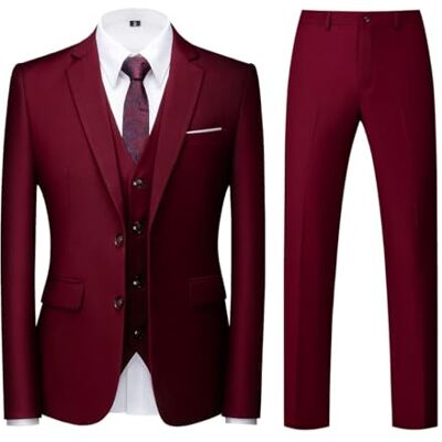 KUDORO 3-delig herenpak, slim fit, enkele knoopsluiting, twee knopen, smoking, blazer, vest en broek, Bordeaux, XXL XXL KUDORO 3-delig herenpak, slim fit, enkele knoopsluiting, twee knopen, smoking, blazer, vest en broek, Bordeaux, XXL XXL