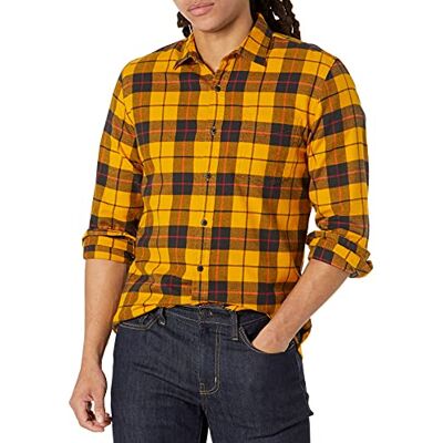 Amazon Essentials Heren flanellen overhemd lange mouwen slim fit zwart geel tartan stof XS XS Amazon Essentials Heren flanellen overhemd lange mouwen slim fit zwart geel tartan stof XS XS