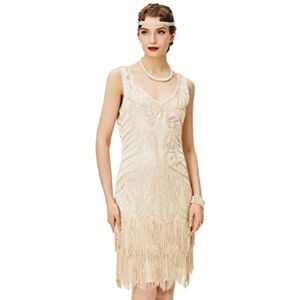 BABEYOND Damesjurk in retrostijl (jaren 20), flapperjurk met twee lagen, franjes, V-hals, Great Gatsby themafeestjurk, kostuumjurk, Beige 2, S S BABEYOND Damesjurk in retrostijl (jaren 20), flapperjurk met twee lagen, franjes, V-hals, Great Gatsby themafeestjurk, kostuumjurk, Beige 2, S S