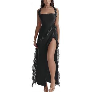 AOWVUTS Sexy lange jurk voor dames, maxi-jurk, mouwloos, elegant, nauwsluitend, zomer, rugvrij, bodycon, split, ruches, voor clubbing, party, cocktail, nacht, bal, zwart., M M AOWVUTS Sexy lange jurk voor dames, maxi-jurk, mouwloos, elegant, nauwsluitend, zomer, rugvrij, bodycon, split, ruches, voor clubbing, party, cocktail, nacht, bal, zwart., M M