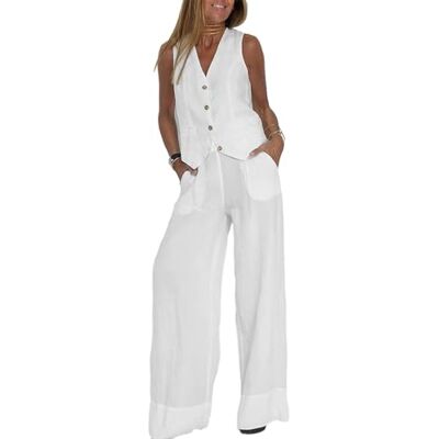 HUANGJB 2-delige set voor dames met V-hals, mouwloos vest, broek met wijde pijpen, bijpassende zomerblazer in linnen, wit, L L HUANGJB 2-delige set voor dames met V-hals, mouwloos vest, broek met wijde pijpen, bijpassende zomerblazer in linnen, wit, L L