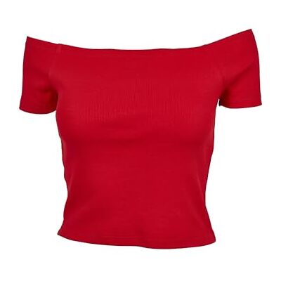 Urban Classics Dames geribbeld T-shirt met blote schouders, Fire Red, S S Urban Classics Dames geribbeld T-shirt met blote schouders, Fire Red, S S
