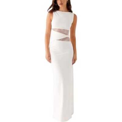 AOWVUTS Damesjurk, sexy, mouwloos, lang, nauwsluitend, ronde hals, maxi-jurk, transparant, kant, patchwork, cocktailjurk, chic en elegant, bodycon voor clubbing, party, bruiloft, gast, wit L AOWVUTS Damesjurk, sexy, mouwloos, lang, nauwsluitend, ronde hals, maxi-jurk, transparant, kant, patchwork, cocktailjurk, chic en elegant, bodycon voor clubbing, party, bruiloft, gast, wit L
