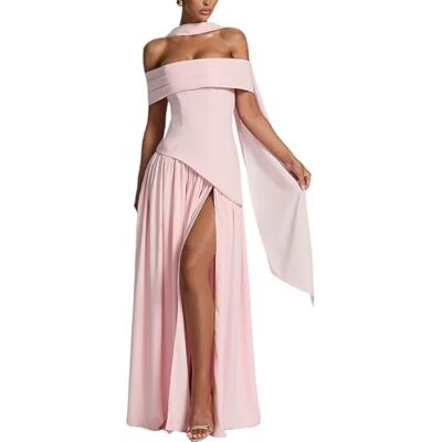 AOWVUTS Lange damesjurk, elegant, schoudervrij, sexy, ceremoniejurken, open rug, met split, avondjurk, bodycon voor feest, cocktail, bruiloft, banket, bruiloft, roze, L L AOWVUTS Lange damesjurk, elegant, schoudervrij, sexy, ceremoniejurken, open rug, met split, avondjurk, bodycon voor feest, cocktail, bruiloft, banket, bruiloft, roze, L L