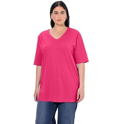 Ulla Popken , Dames, grote maten, T-shirt, V-hals voor dames, Magentapink 68-70 Ulla Popken , Dames, grote maten, T-shirt, V-hals voor dames, Magentapink 68-70