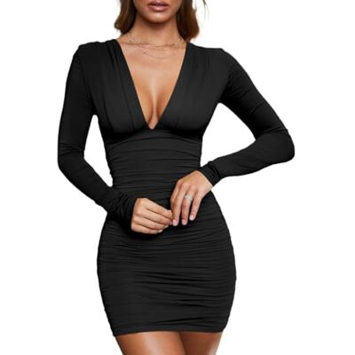 AOWVUTS Sexy damesjurk Diepe V-hals Lange mouwen Kort Nauwsluitende mini-jurk Elegante nauwsluitende jurk Nauwsluitende jurk Clubwear Cocktail Feestjurk L AOWVUTS Sexy damesjurk Diepe V-hals Lange mouwen Kort Nauwsluitende mini-jurk Elegante nauwsluitende jurk Nauwsluitende jurk Clubwear Cocktail Feestjurk L