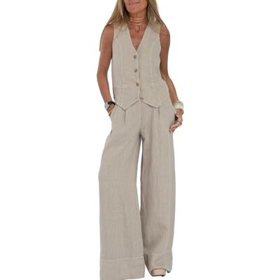 HUANGJB 2-delige set voor dames met mouwloos vest met V-hals, broek met wijde pijpen, bijpassende zomerblazer in linnen, beige, S S HUANGJB 2-delige set voor dames met mouwloos vest met V-hals, broek met wijde pijpen, bijpassende zomerblazer in linnen, beige, S S