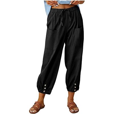 ASKSA Damesbroek, 7/8 broek, wijde pijpen, zomerbroek, licht, casual, linnen, met zakken, zwart., XXL XXL ASKSA Damesbroek, 7/8 broek, wijde pijpen, zomerbroek, licht, casual, linnen, met zakken, zwart., XXL XXL