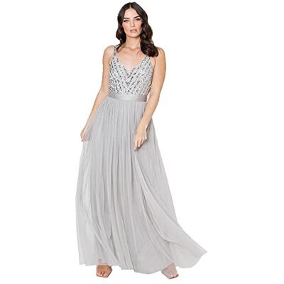 Maya Deluxe maxi-jurk voor dames, lange lengte, bruiloft, gast, bruidsmeisje, eindejaarsbal, zomer, avondjurk, V-hals, bandjes, strik, baljurk voor dames (1 stuk), Lichtgrijs 56 Maya Deluxe maxi-jurk voor dames, lange lengte, bruiloft, gast, bruidsmeisje, eindejaarsbal, zomer, avondjurk, V-hals, bandjes, strik, baljurk voor dames (1 stuk), Lichtgrijs 56