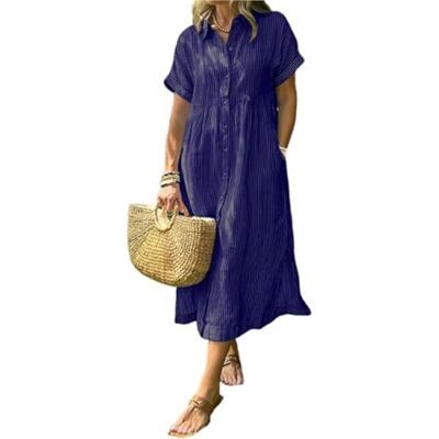 CupitiDU Casual zomerjurk met knoopsluiting en functionele zakken, losse pasvorm, Navy Blauw, XL XL CupitiDU Casual zomerjurk met knoopsluiting en functionele zakken, losse pasvorm, Navy Blauw, XL XL