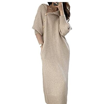HAIBI Damesjurk met lange mouwen, beige, rolkraag, losse gebreide jurk HAIBI Damesjurk met lange mouwen, beige, rolkraag, losse gebreide jurk