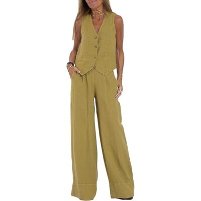HUANGJB 2-delige set voor dames met mouwloos vest met V-hals, broek met wijde pijpen, bijpassende zomerblazer in linnen, groen, L L HUANGJB 2-delige set voor dames met mouwloos vest met V-hals, broek met wijde pijpen, bijpassende zomerblazer in linnen, groen, L L