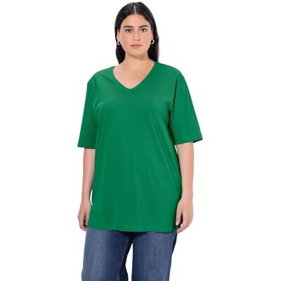 Ulla Popken Basic T-shirt, V-hals, ontspannen, halflange mouwen, T-shirt voor dames, Emerald Groen 44-46 Ulla Popken Basic T-shirt, V-hals, ontspannen, halflange mouwen, T-shirt voor dames, Emerald Groen 44-46