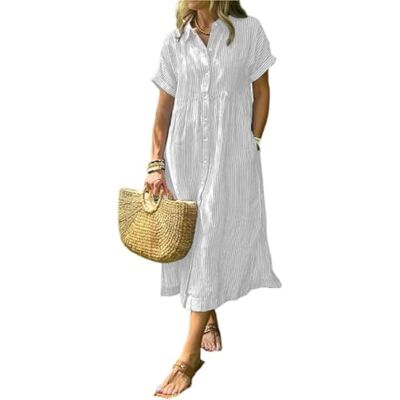 CupitiDU Casual zomerjurk met knoopsluiting en functionele zakken, losse pasvorm, Wit., S S CupitiDU Casual zomerjurk met knoopsluiting en functionele zakken, losse pasvorm, Wit., S S