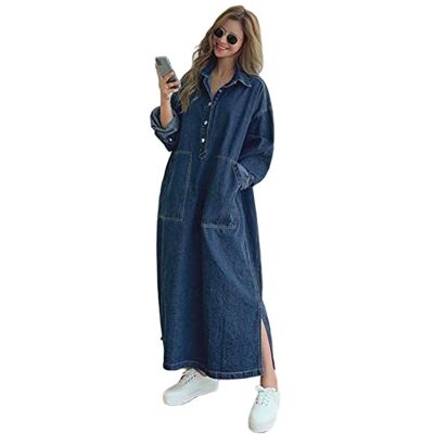 MOGSA Dames herfst lange mouwen denim maxi-jurk met knoopsluiting zak casual losse maxi-jurk MOGSA Dames herfst lange mouwen denim maxi-jurk met knoopsluiting zak casual losse maxi-jurk