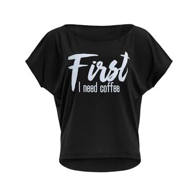 WINSHAPE Mcs001 Damesshirt met 3/4-mouwen, ultra licht, met witte "First I Need Coffee" glitter-opdruk, zwart-wit-glitter WINSHAPE Mcs001 Damesshirt met 3/4-mouwen, ultra licht, met witte "First I Need Coffee" glitter-opdruk, zwart-wit-glitter