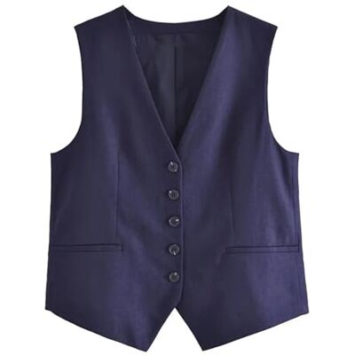 KHASCBNF Gilet d'été à texture de lin pour femme, col en V, simple boutonnage, style navetteur, couleur unie, haut sans manches, fin (bleu, XS (vieux)) KHASCBNF Gilet d'été à texture de lin pour femme, col en V, simple boutonnage, style navetteur, couleur unie, haut sans manches, fin (bleu, XS (vieux))