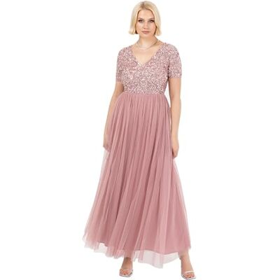 Maya Deluxe Damesjurk voor bruiloftsgasten, grote maat, hoge taille, pailletten, korte mouwen, avond, bruidsmeisje, vintage roze, 42 42 Maya Deluxe Damesjurk voor bruiloftsgasten, grote maat, hoge taille, pailletten, korte mouwen, avond, bruidsmeisje, vintage roze, 42 42