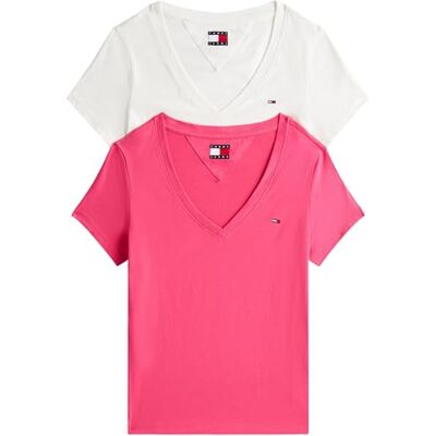 Tommy Jeans Tjw 2pack V-hals Tee Dw0dw21367 T-shirt S/S dames, Veelkleurig (Ecru / Juweel Roze), XXS XXS Tommy Jeans Tjw 2pack V-hals Tee Dw0dw21367 T-shirt S/S dames, Veelkleurig (Ecru / Juweel Roze), XXS XXS