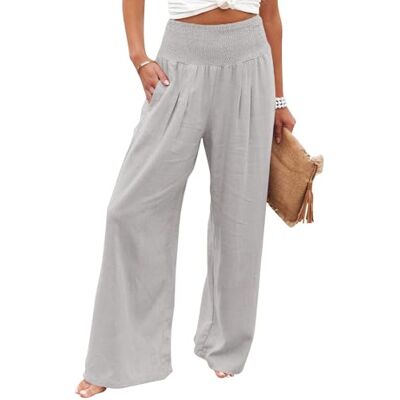 Imuedaen Zomerbroek voor dames, linnen, casual, licht, wijde pijpen, vrijetijdsbroek, hoge taille, effen, zomerbroek van stof met zakken, grijs., M M Imuedaen Zomerbroek voor dames, linnen, casual, licht, wijde pijpen, vrijetijdsbroek, hoge taille, effen, zomerbroek van stof met zakken, grijs., M M
