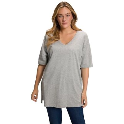 Ulla Popken Basic T-shirt, V-hals, casual, halflange mouwen, dames T-shirt, Lichtgrijze mix 68-70 Ulla Popken Basic T-shirt, V-hals, casual, halflange mouwen, dames T-shirt, Lichtgrijze mix 68-70