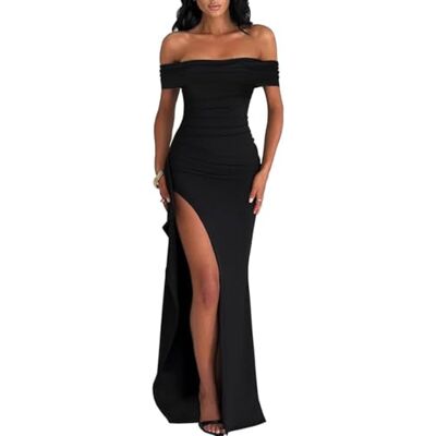 AOWVUTS Lange baljurk voor dames, met split, schoudervrij, sexy, cocktailjurk, nauwsluitend, elegant, formele zomerjurk, feestelijke jurken XL AOWVUTS Lange baljurk voor dames, met split, schoudervrij, sexy, cocktailjurk, nauwsluitend, elegant, formele zomerjurk, feestelijke jurken XL