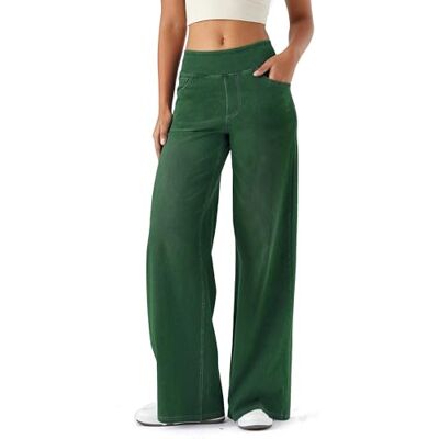 LaiEr Jeans voor dames met wijde pijpen, baggy jeans met hoge taille en meerdere zakken, rechte buis, losse pasvorm, casual jeans met hoge elasticiteit voor dames inclusief, Groen een, XL XL LaiEr Jeans voor dames met wijde pijpen, baggy jeans met hoge taille en meerdere zakken, rechte buis, losse pasvorm, casual jeans met hoge elasticiteit voor dames inclusief, Groen een, XL XL