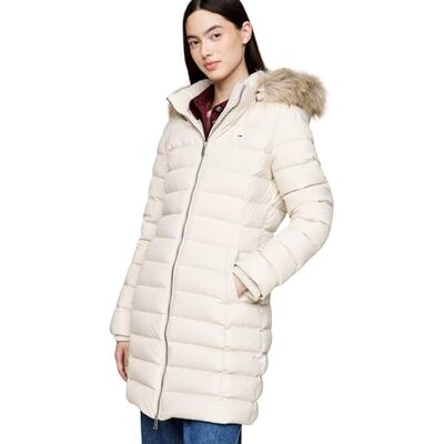 Tommy Jeans Essential donsjack met capuchon voor dames, met kunstbont, beige, XXS XXS Tommy Jeans Essential donsjack met capuchon voor dames, met kunstbont, beige, XXS XXS