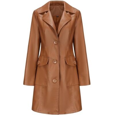 YURCI Dames Leren Jas Lange Mouwen Knoopsluiting Jas Jurk Volledige Knop Lederen Lange Jassen Mode Reverskraag Bovenkleding Herfst Kleding Mode Kleding, Camle XXL YURCI Dames Leren Jas Lange Mouwen Knoopsluiting Jas Jurk Volledige Knop Lederen Lange Jassen Mode Reverskraag Bovenkleding Herfst Kleding Mode Kleding, Camle XXL