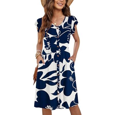 MOLERANI Zomerjurk voor dames, casual, ruches, V-hals, elastische taille, midi-jurk met zakken, maten S-2XL, Witte en marineblauwe bloem, M M MOLERANI Zomerjurk voor dames, casual, ruches, V-hals, elastische taille, midi-jurk met zakken, maten S-2XL, Witte en marineblauwe bloem, M M