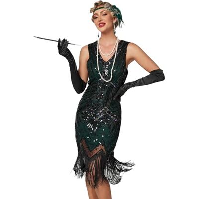Viloree avondjurk met franjes, kralen en pailletten en V-hals stijl uit 1920 Gatsby-achtige vermomming voor de Roaring Twenties, Zwart en groen. S Viloree avondjurk met franjes, kralen en pailletten en V-hals stijl uit 1920 Gatsby-achtige vermomming voor de Roaring Twenties, Zwart en groen. S