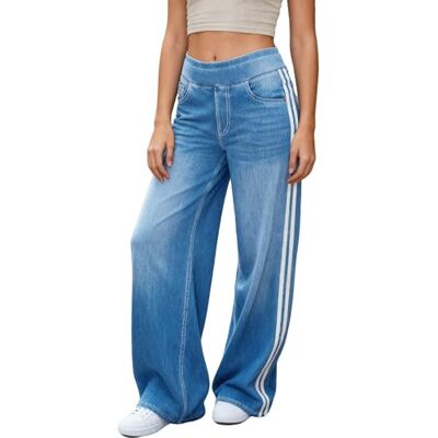 LaiEr Damesjeans met wijde pijpen, uniek kleurblokdesign, hoge taille met buikversteviging, rechte en losse pasvorm. Denim in broek met hoge elasticiteit, mediumlichtblauw, L groot L Grande longueur LaiEr Damesjeans met wijde pijpen, uniek kleurblokdesign, hoge taille met buikversteviging, rechte en losse pasvorm. Denim in broek met hoge elasticiteit, mediumlichtblauw, L groot L Grande longueur