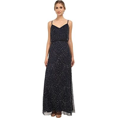 Adrianna Papell Lange damesjurk met parels, Navy Blauw 44 Adrianna Papell Lange damesjurk met parels, Navy Blauw 44