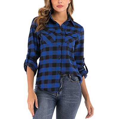 Enjoyoself Geruite flanellen damesblouse met lange mouwen, overhemd van 100% katoen, blouse met knoopsluiting voor dagelijks gebruik, Blauw XL Enjoyoself Geruite flanellen damesblouse met lange mouwen, overhemd van 100% katoen, blouse met knoopsluiting voor dagelijks gebruik, Blauw XL