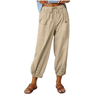 ASKSA Damesbroek, 7/8 broek, wijde pijpen, zomerbroek, licht, casual, linnen, met zakken, Khaki (stad), XL XL ASKSA Damesbroek, 7/8 broek, wijde pijpen, zomerbroek, licht, casual, linnen, met zakken, Khaki (stad), XL XL