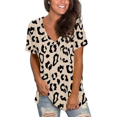 MOLERANI Casual zomershirt met korte mouwen en V-hals voor dames, Hr Luipaard L MOLERANI Casual zomershirt met korte mouwen en V-hals voor dames, Hr Luipaard L