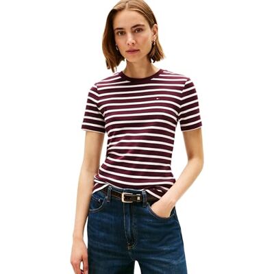 Tommy Hilfiger Slim Cody C-nk Ss Ww0ww40587 T-shirt S/S dames (1 stuk), Rood (donker bordeaux/ecru), XS XS Tommy Hilfiger Slim Cody C-nk Ss Ww0ww40587 T-shirt S/S dames (1 stuk), Rood (donker bordeaux/ecru), XS XS