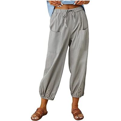 ASKSA Damesbroek, 7/8 broek, wijde pijpen, zomerbroek, lichte casual linnen broek met zakken, lichtgrijs, XL XL ASKSA Damesbroek, 7/8 broek, wijde pijpen, zomerbroek, lichte casual linnen broek met zakken, lichtgrijs, XL XL