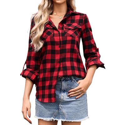 Aottori Dames geruit overhemd lange mouwen knoopsluiting casual flanellen geruit rood S S Aottori Dames geruit overhemd lange mouwen knoopsluiting casual flanellen geruit rood S S