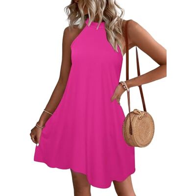 WNEEDU Mouwloze zomerjurk voor dames, blote rug, mini-jurk, strandjurk met zakken, Roze, XL XL WNEEDU Mouwloze zomerjurk voor dames, blote rug, mini-jurk, strandjurk met zakken, Roze, XL XL