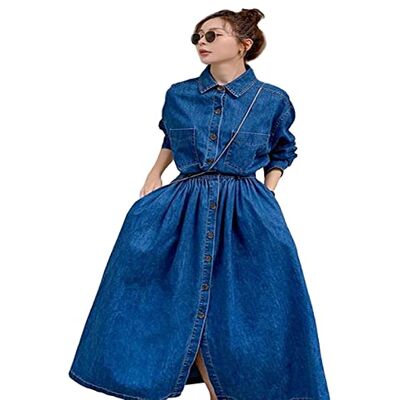 MOGSA Maxi-jurk lente lange denim dames herfst lange mouwen omslagkraag slanke jurk dames enkele rij knopen vrijetijdskleding blauw, L MOGSA Maxi-jurk lente lange denim dames herfst lange mouwen omslagkraag slanke jurk dames enkele rij knopen vrijetijdskleding blauw, L
