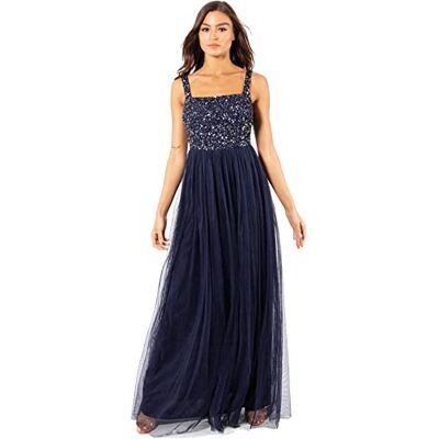 Maya Deluxe Lange damesjurk met brede bandjes, mouwloos en vierkante hals, versierd, voor bruiloftsgasten, eindejaarsbal, bruidsmeisjesjurk voor dames, Navy Blauw 42 Maya Deluxe Lange damesjurk met brede bandjes, mouwloos en vierkante hals, versierd, voor bruiloftsgasten, eindejaarsbal, bruidsmeisjesjurk voor dames, Navy Blauw 42