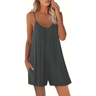 Haibang Casual mouwloze romper voor dames, korte jumpsuit, verstelbare bandjes, brede pijpen, losse strandjurk met zakken, casual zomeroutfits, grijs. XL Haibang Casual mouwloze romper voor dames, korte jumpsuit, verstelbare bandjes, brede pijpen, losse strandjurk met zakken, casual zomeroutfits, grijs. XL